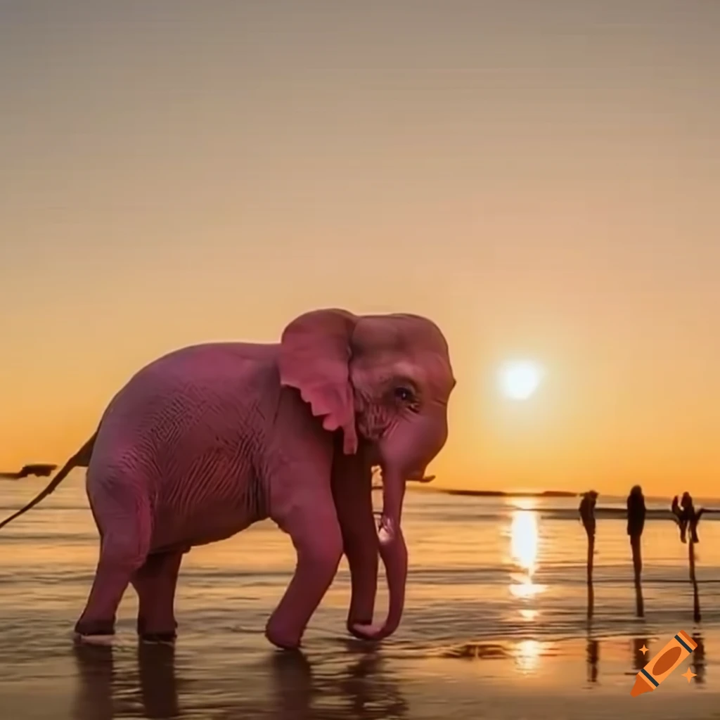 pink elephant dancing on the beach at sunset