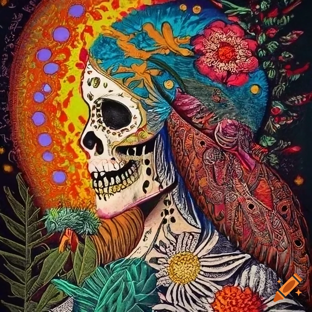 chromolithograph of a Santa Muerte tarot card with Catrina and ravens