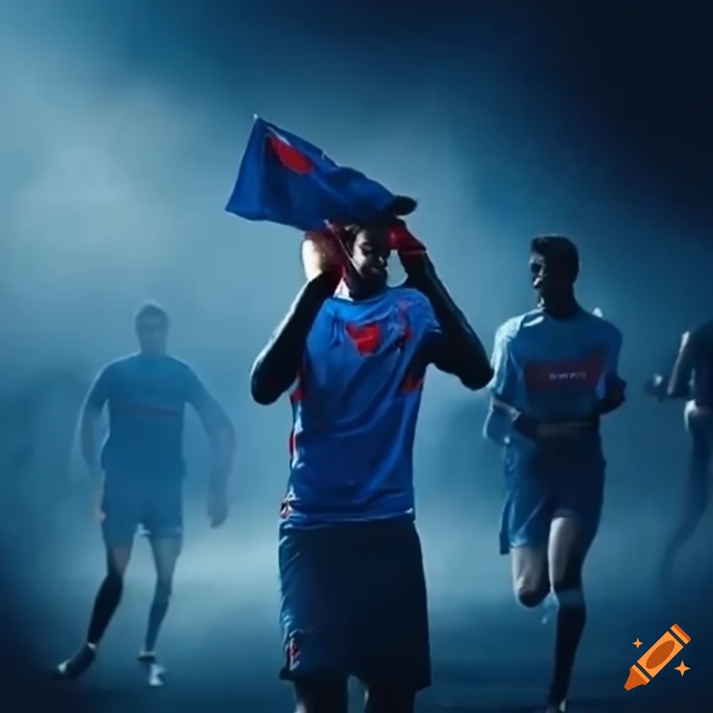football fans running in red and blue attire