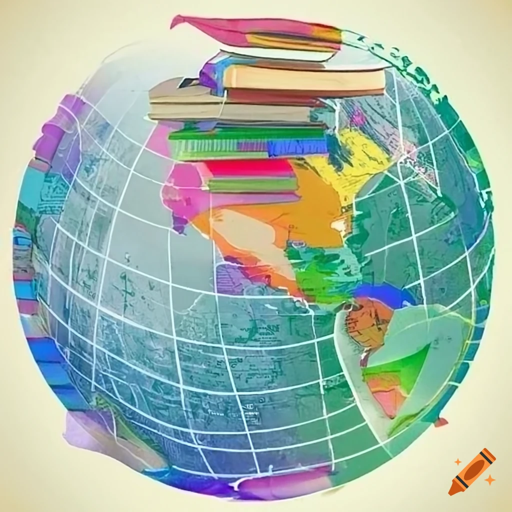 illustration of humanities knowledge with colorful books and cultural symbols