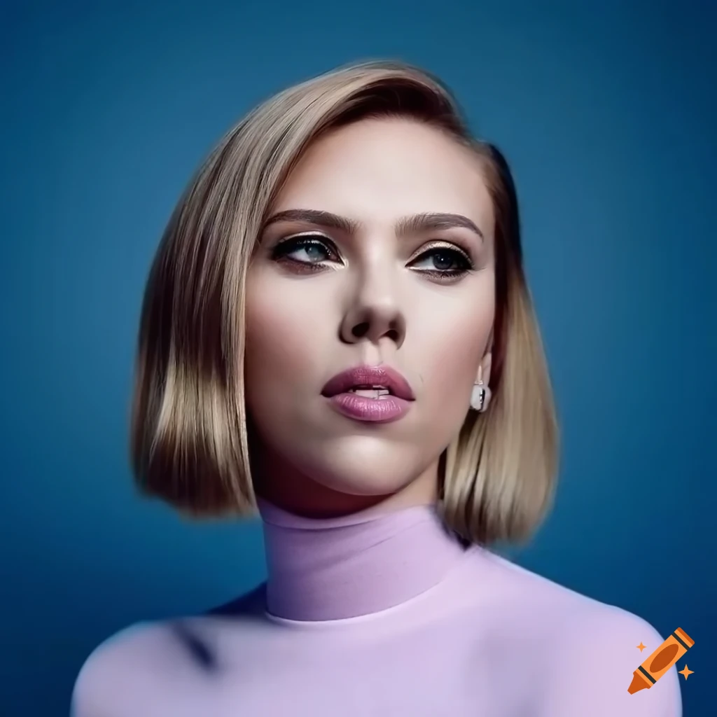 Scarlett johansson with a straight bob haircut and pink turtleneck
