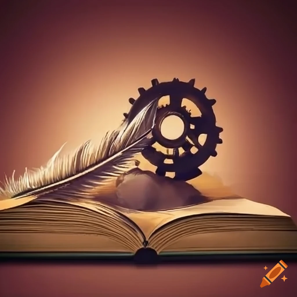 book and feather next to a cogwheel