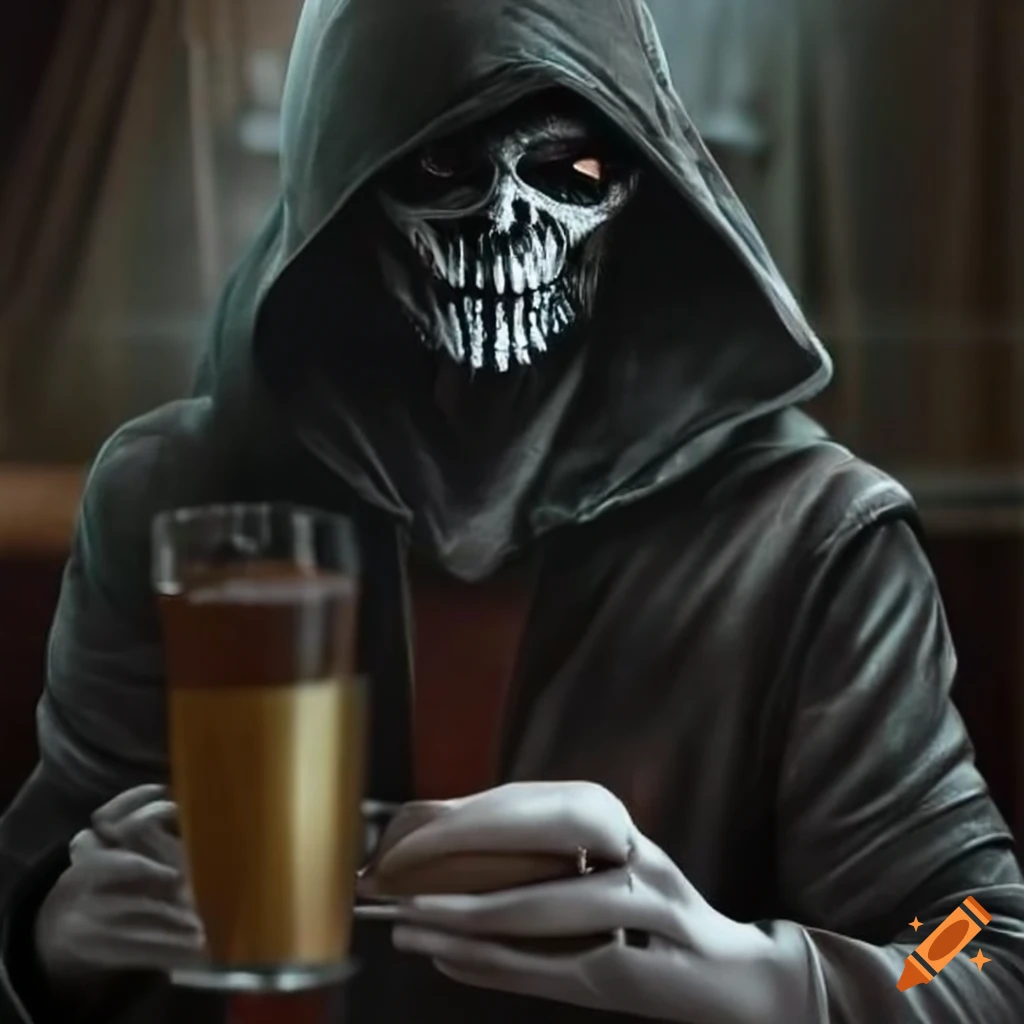 image of a mysterious bartender wearing a mask and hoodie