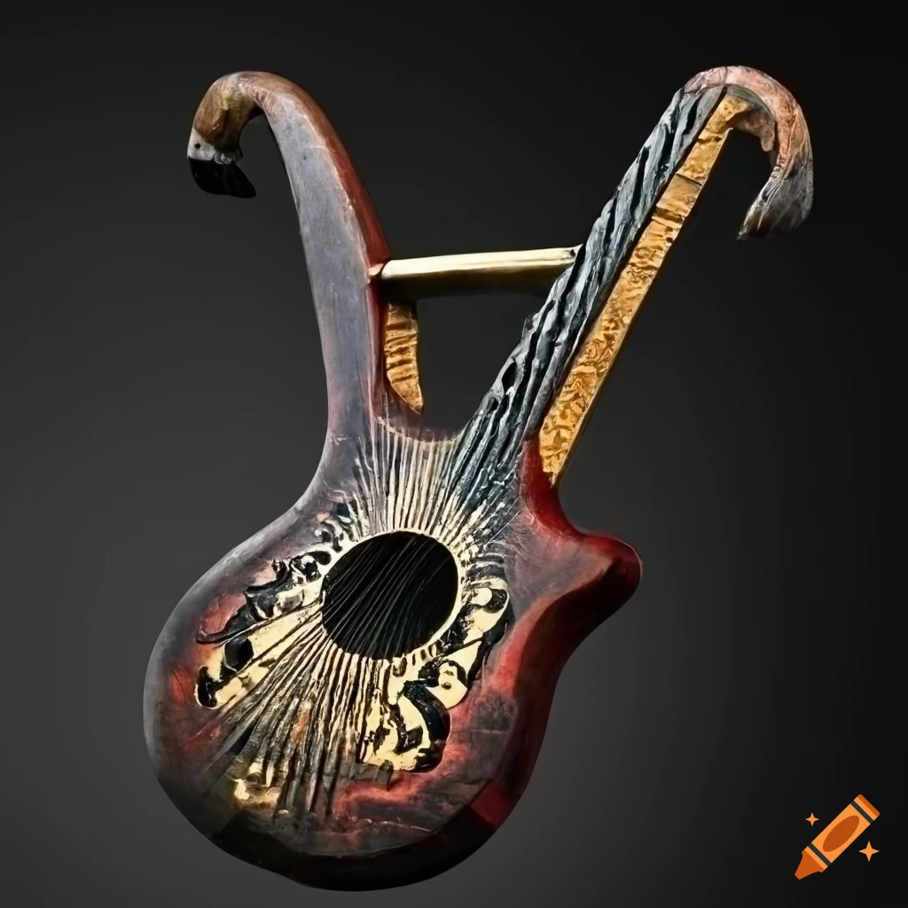 dark fantasy lyre with rune stones and blood inlay