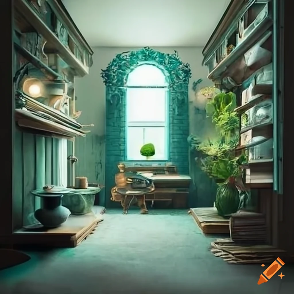 cozy apothecary inspired living room with plants and books