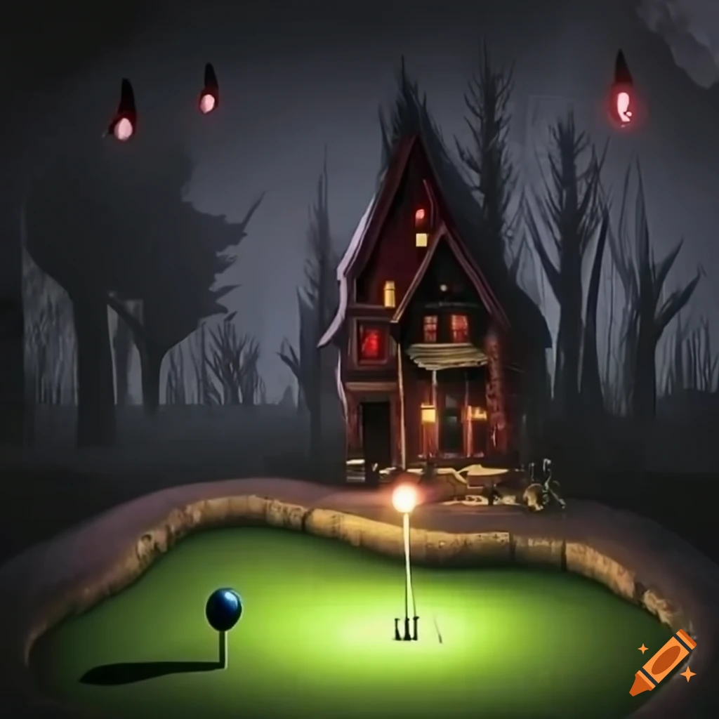 mini golf course at night with rain