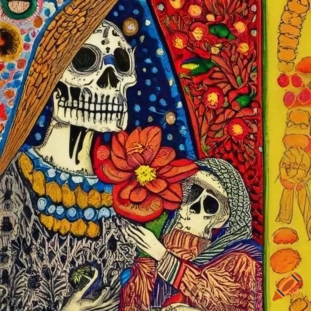 Flammarion Engraving Santa Muerte tarot card with Catrina and ravens