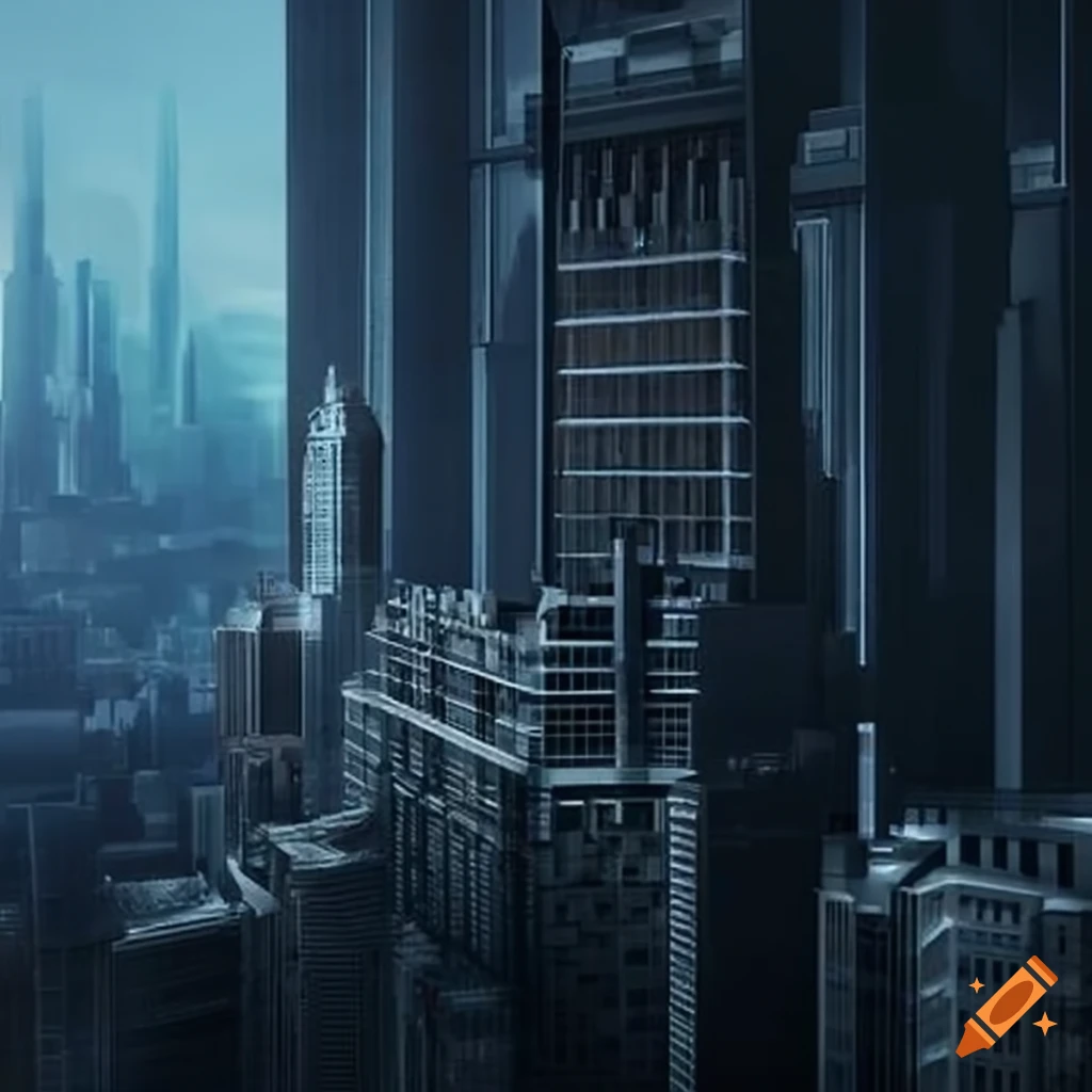 Hugh Ferriss-inspired skyscraper in a metropolis