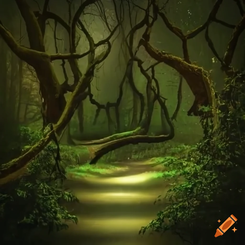 enchanted forest path under a starry sky