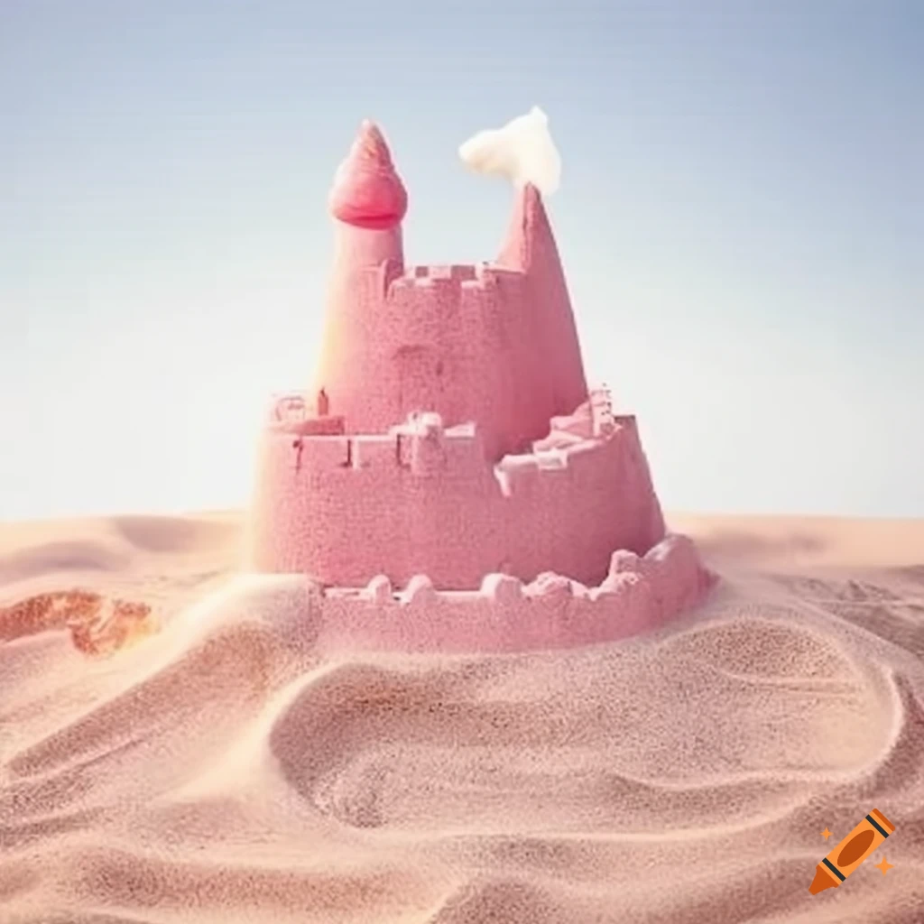 white sand castle with pink flags on a blue background