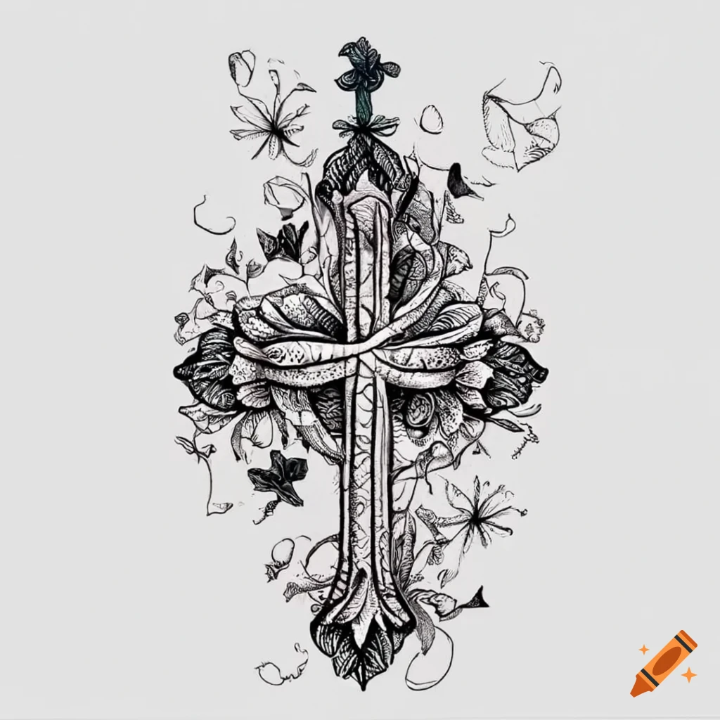 monochrome tattoo design of a rose and cross