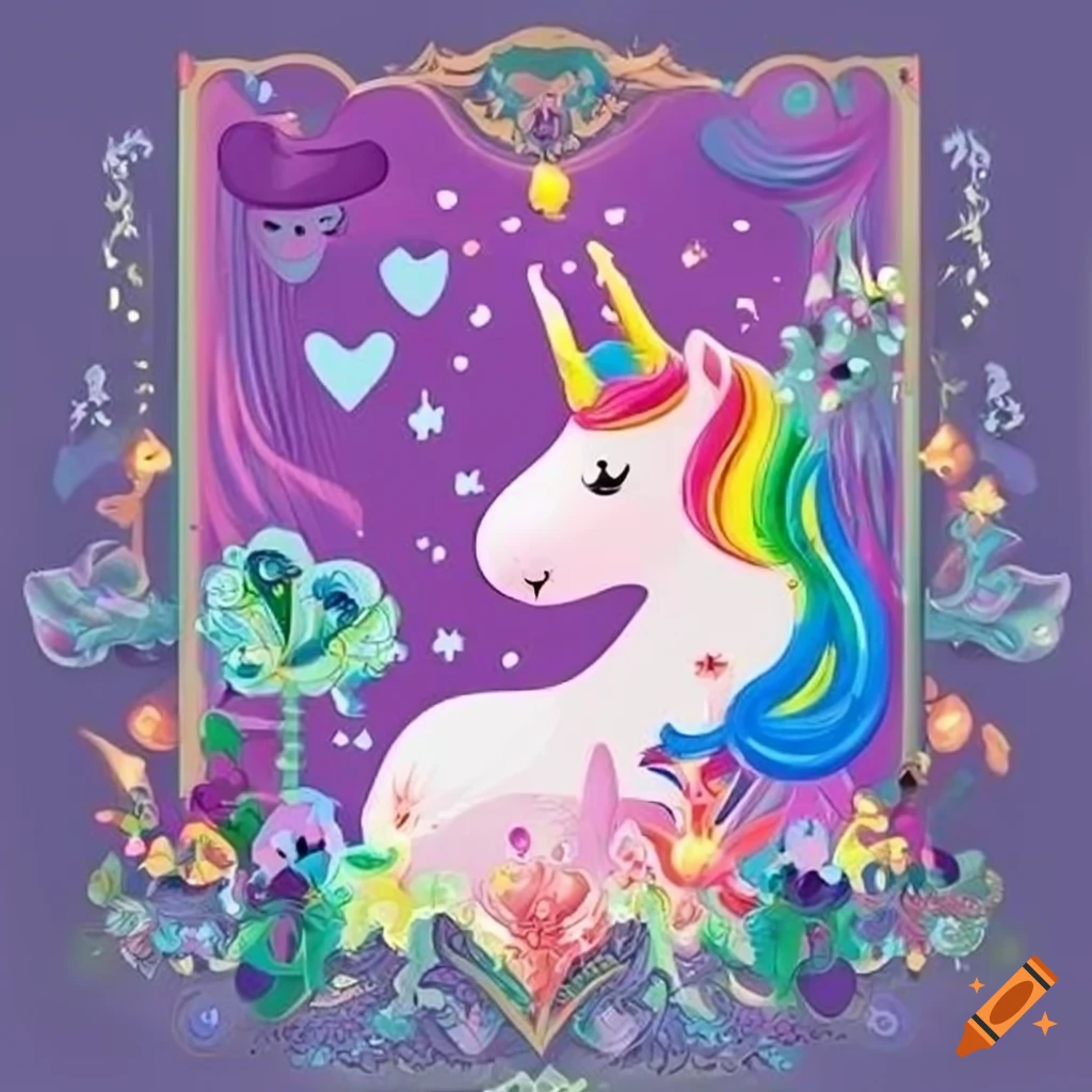 coloring invitation card for Lina's 6th birthday with a unicorn, hearts, rainbow, and princess