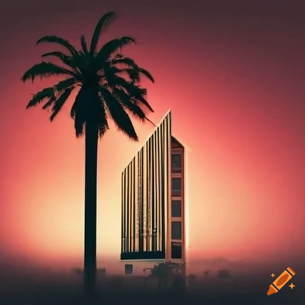 modern building with Iraq flag and palm trees