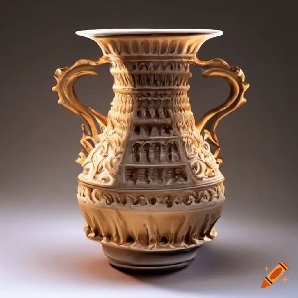 Ceramic vase with carved details inspired by bernini's baldacchino on