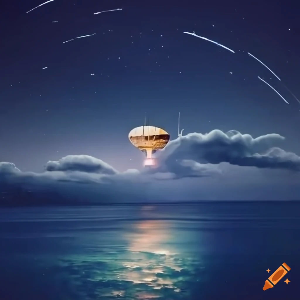 airship gliding through a starry night sky above the ocean