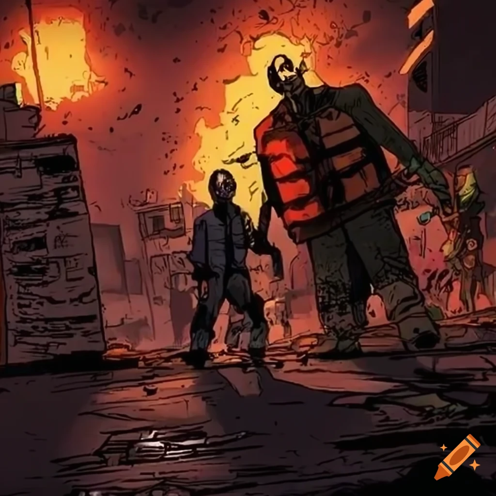 comic-style depiction of a chaotic zombie apocalypse