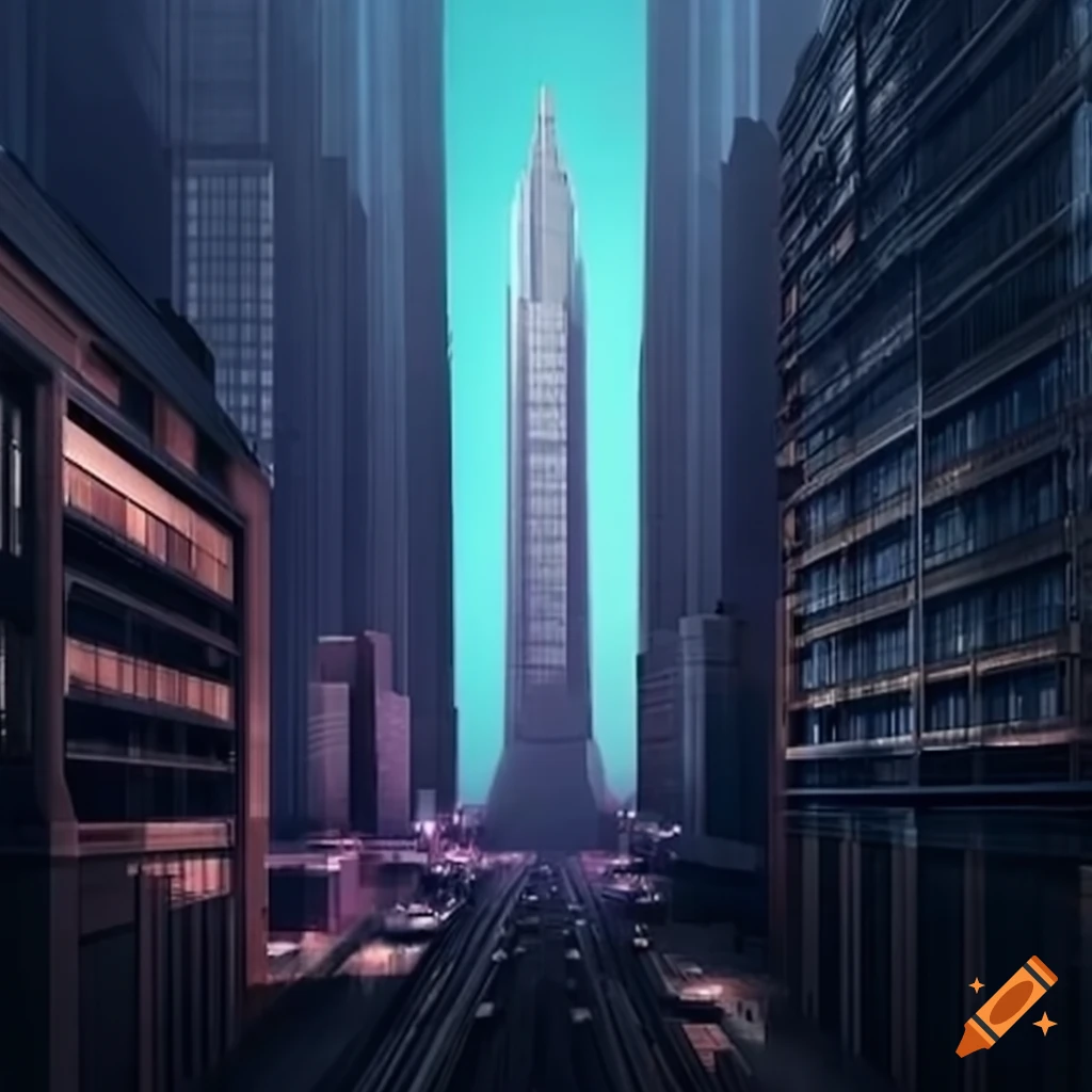 Hugh Ferriss-inspired skyscraper in a metropolis