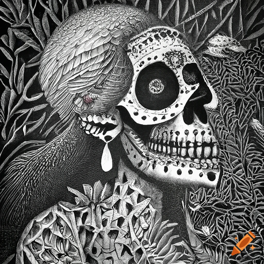 chromolithograph of a Santa Muerte tarot card with Catrina and ravens