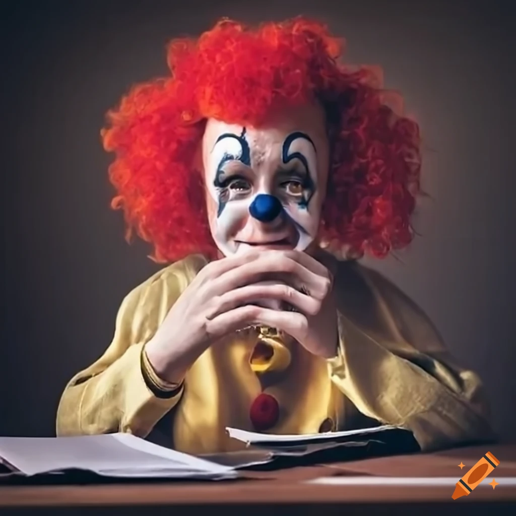 image of a sad clown working at a desk