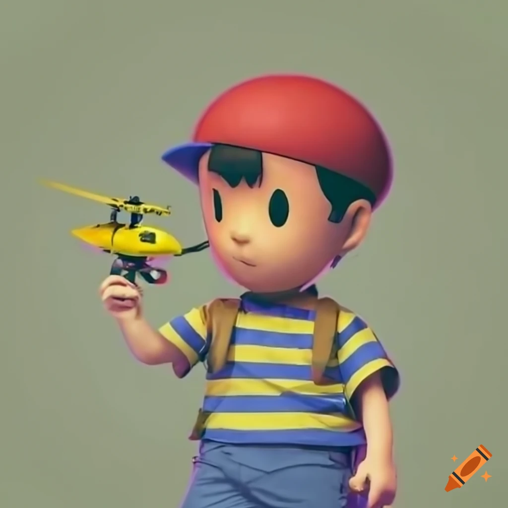 image of t-shirtless Ness holding a yellow helicopter