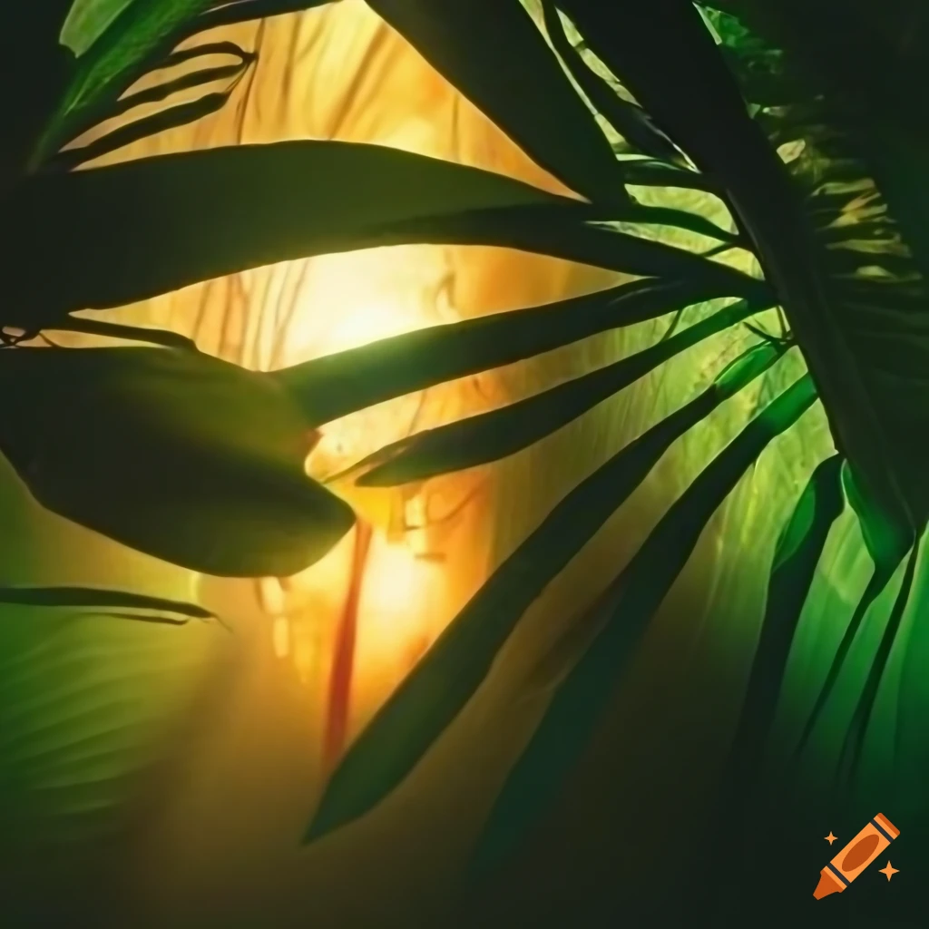 tropical plants with blinding headlights in background