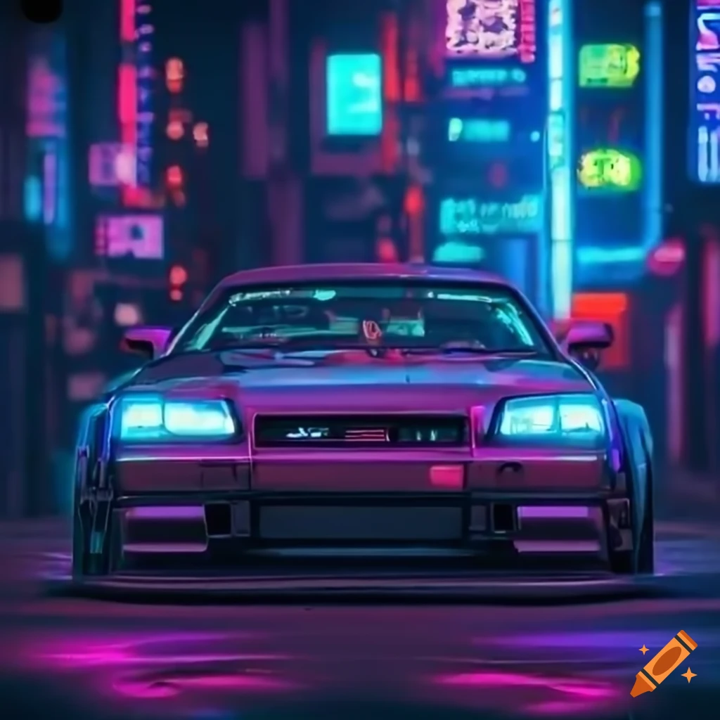 drifting Nissan Skyline R34 in Tokyo at night
