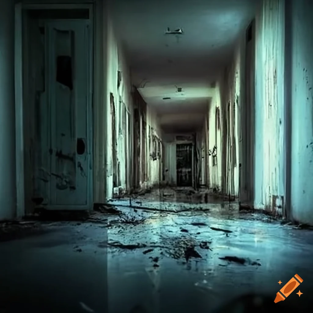 image of a dilapidated hospital with politicians in the foreground