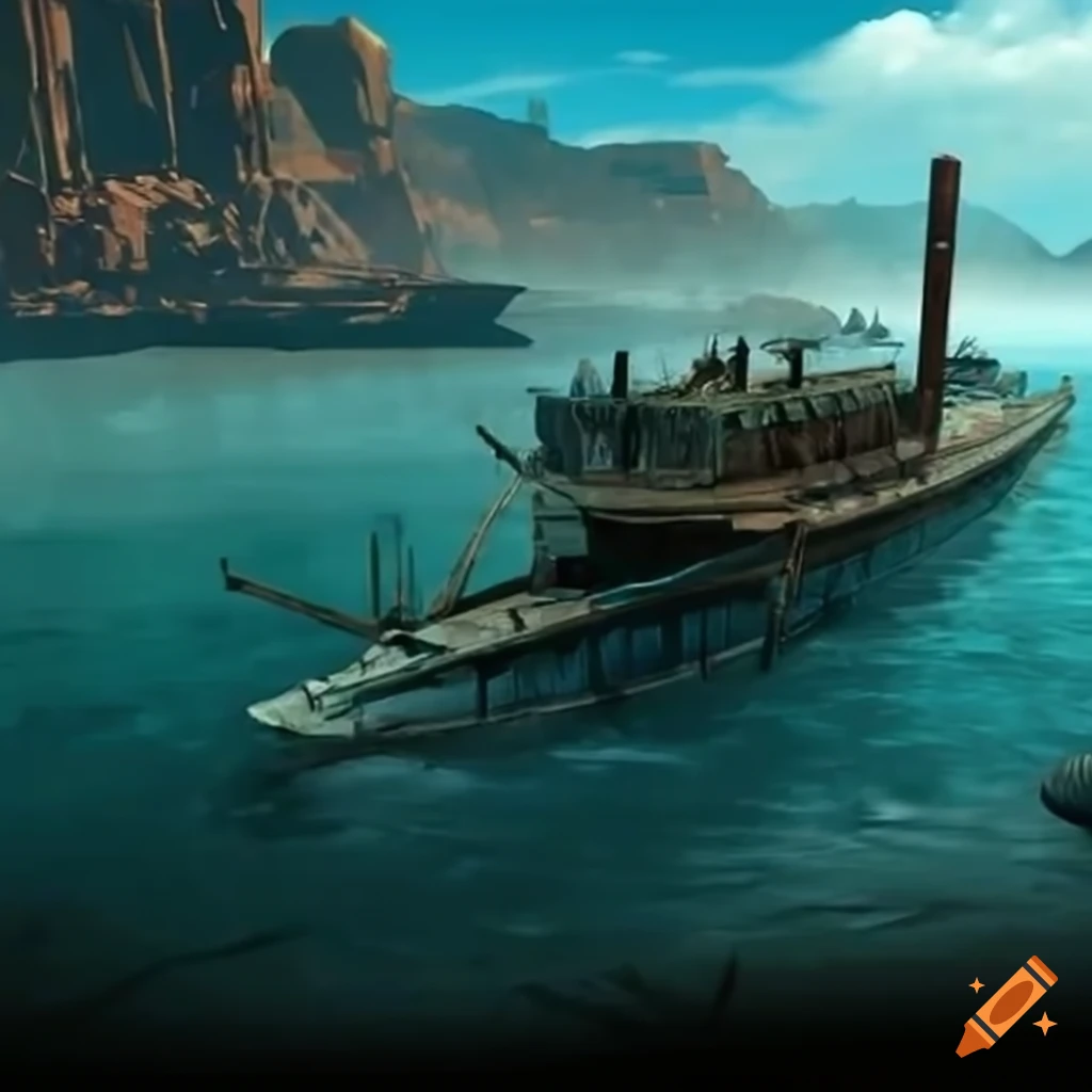 steam boat sailing down the Rio Grande in Fallout game series