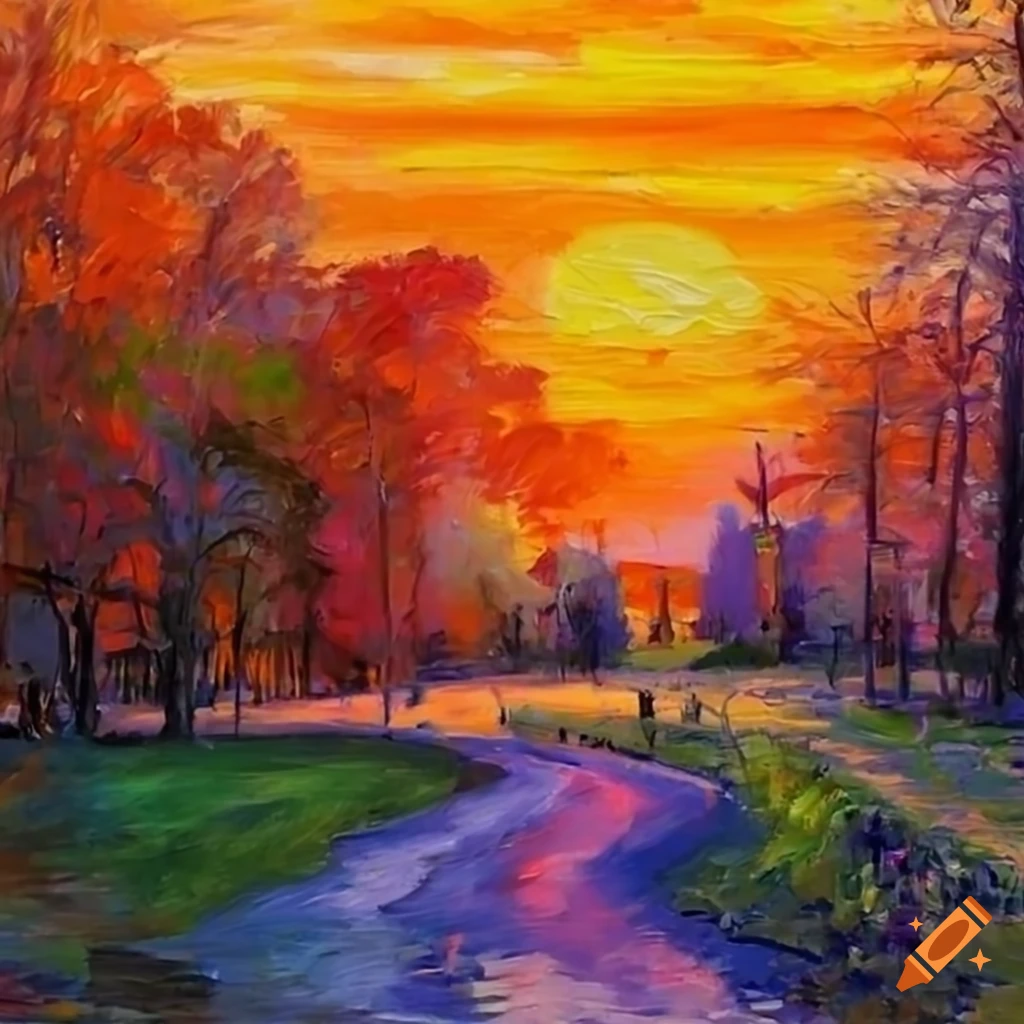 oil painting of a sunset in a Russian park