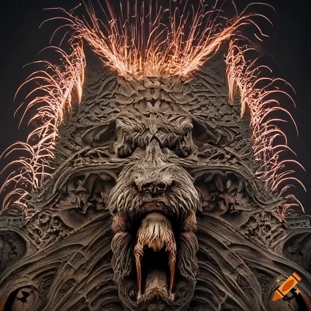 detailed woodcarving of a moth werewolf