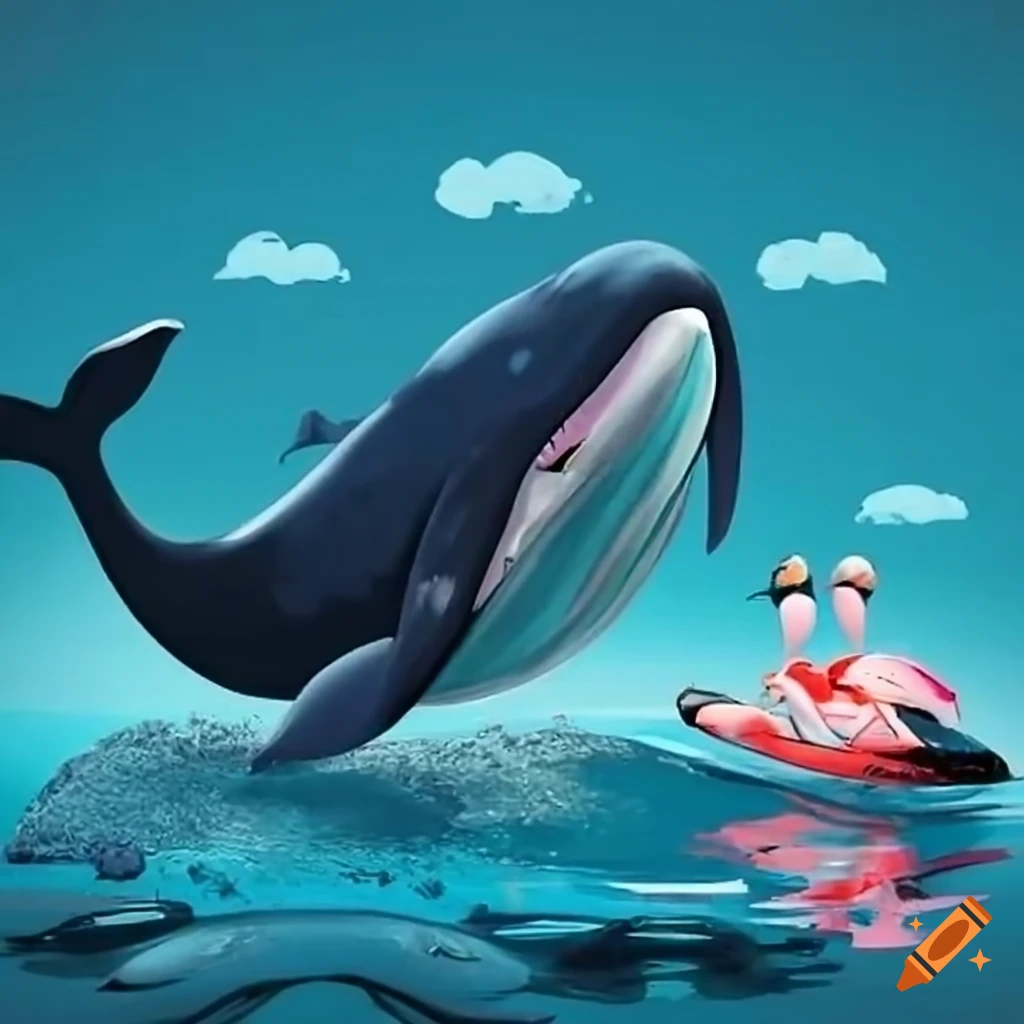 whale and flamingo riding a jetski