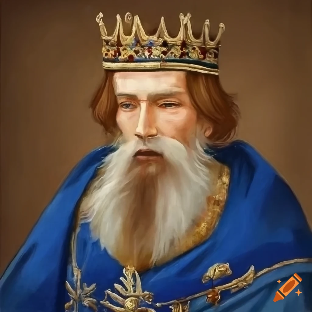 Oil painting portrait of a king in blue royal clothes on Craiyon