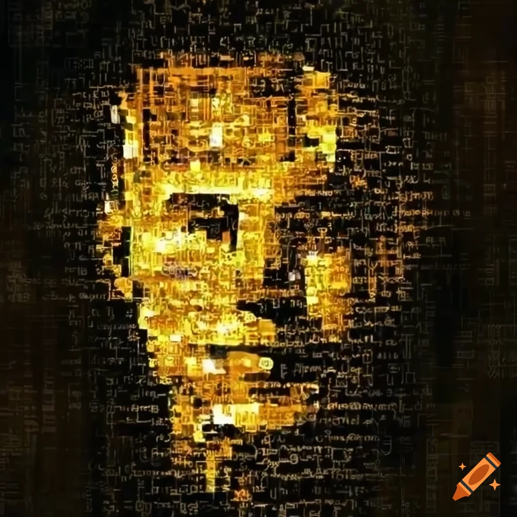 Golden computer with binary codes and male face on Craiyon