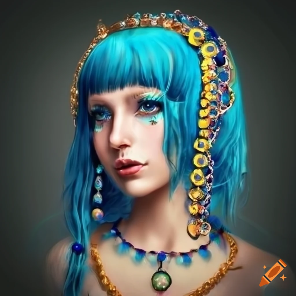 Artwork of a colorful medieval queen with blue hair and multiple