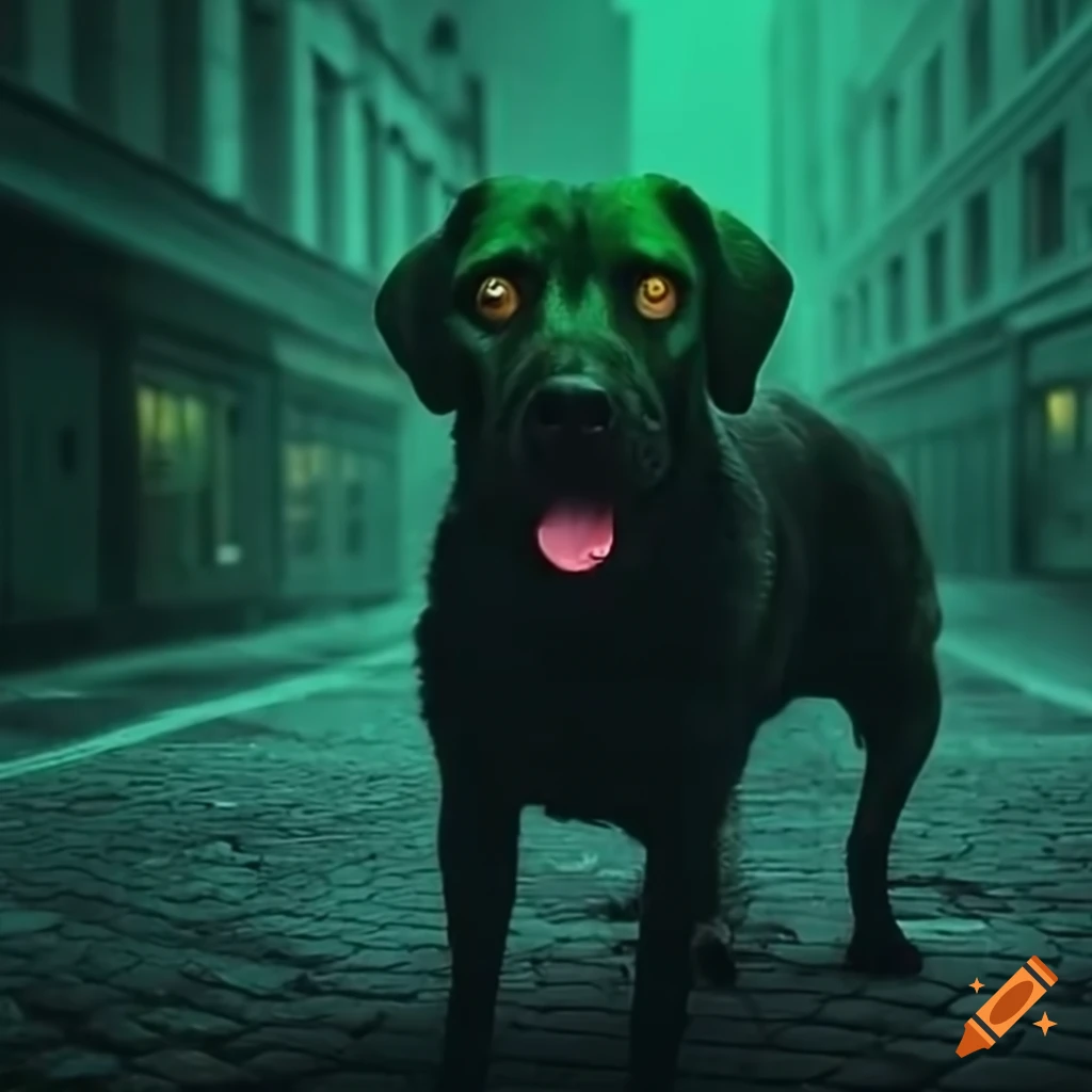 Dark dog with glowing yellow eyes