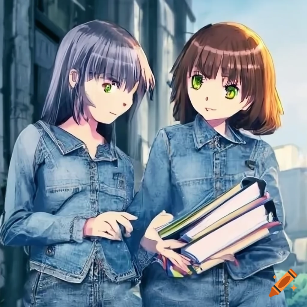 anime girls studying in denim attire in the rain