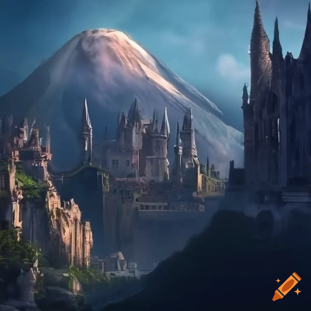 Elven city at the foot of a volcano