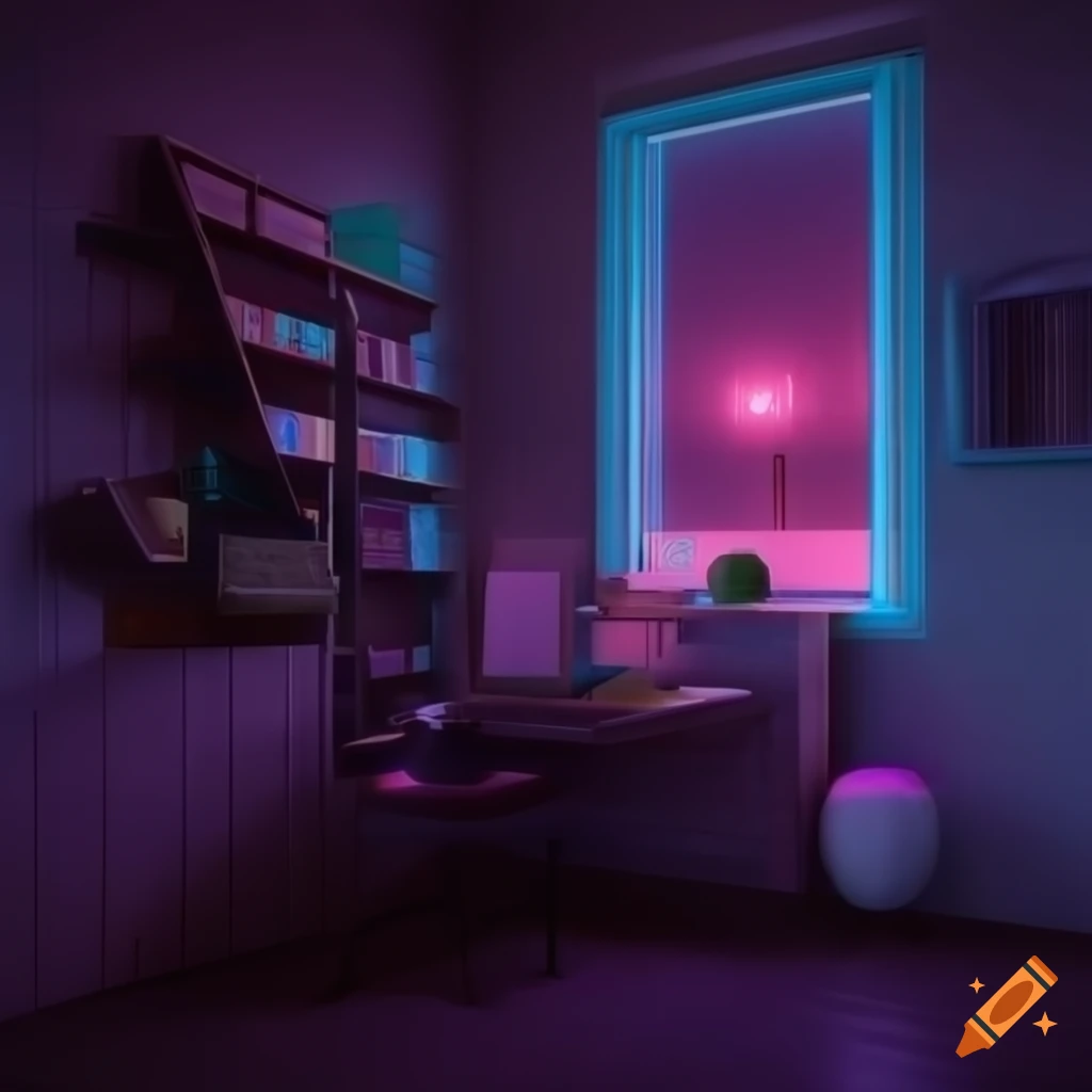 Retrowave-style 3d bedroom render