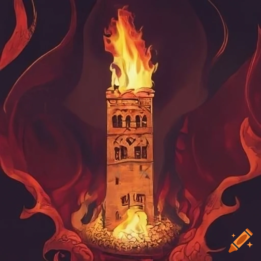 renaissance-style artwork of the Tower tarot card on fire