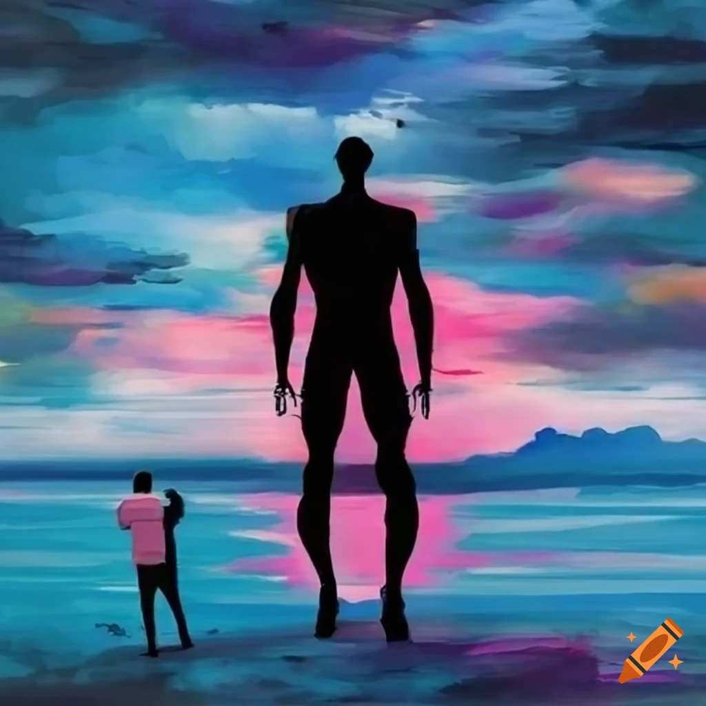 vibrant watercolor painting of a man watching a giant silhouette in the sky