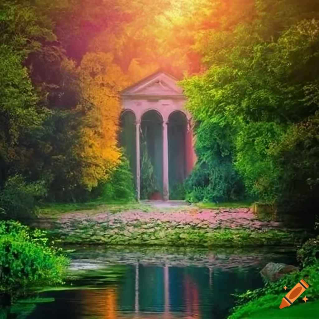 Monet-inspired garden painting with stone fountain