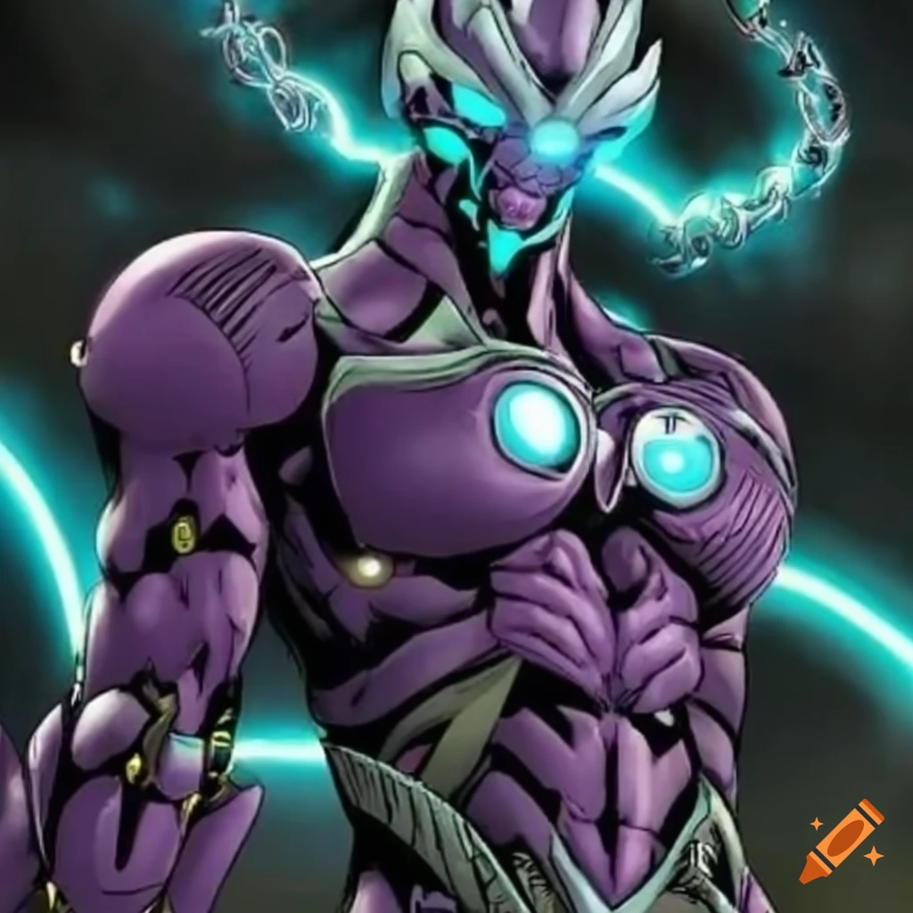 A humanoid jojo's part 4 stand with a sleek and futuristic design, with two  large, metallic hands, and is able to manipulate space and gravity in all  forms, with an astronuatic design