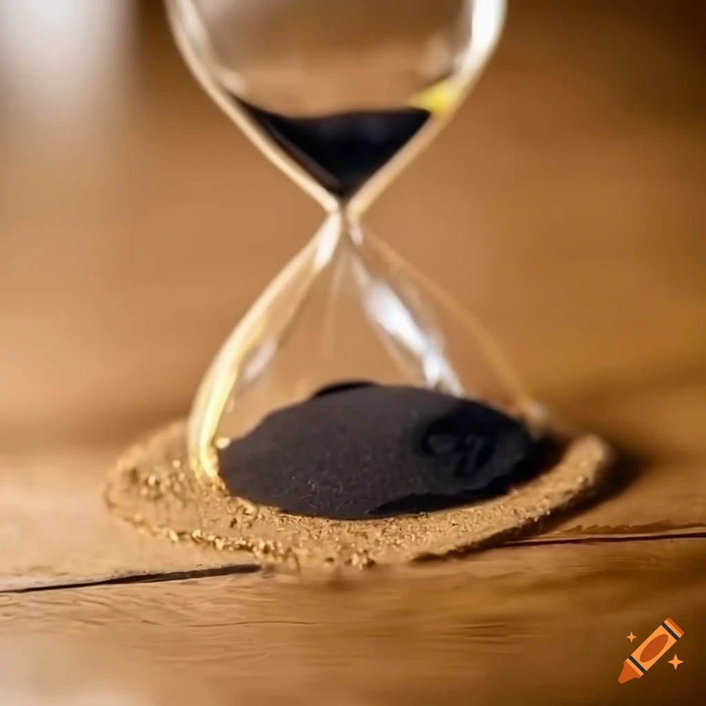 golden hourglass with black sand on a wooden table