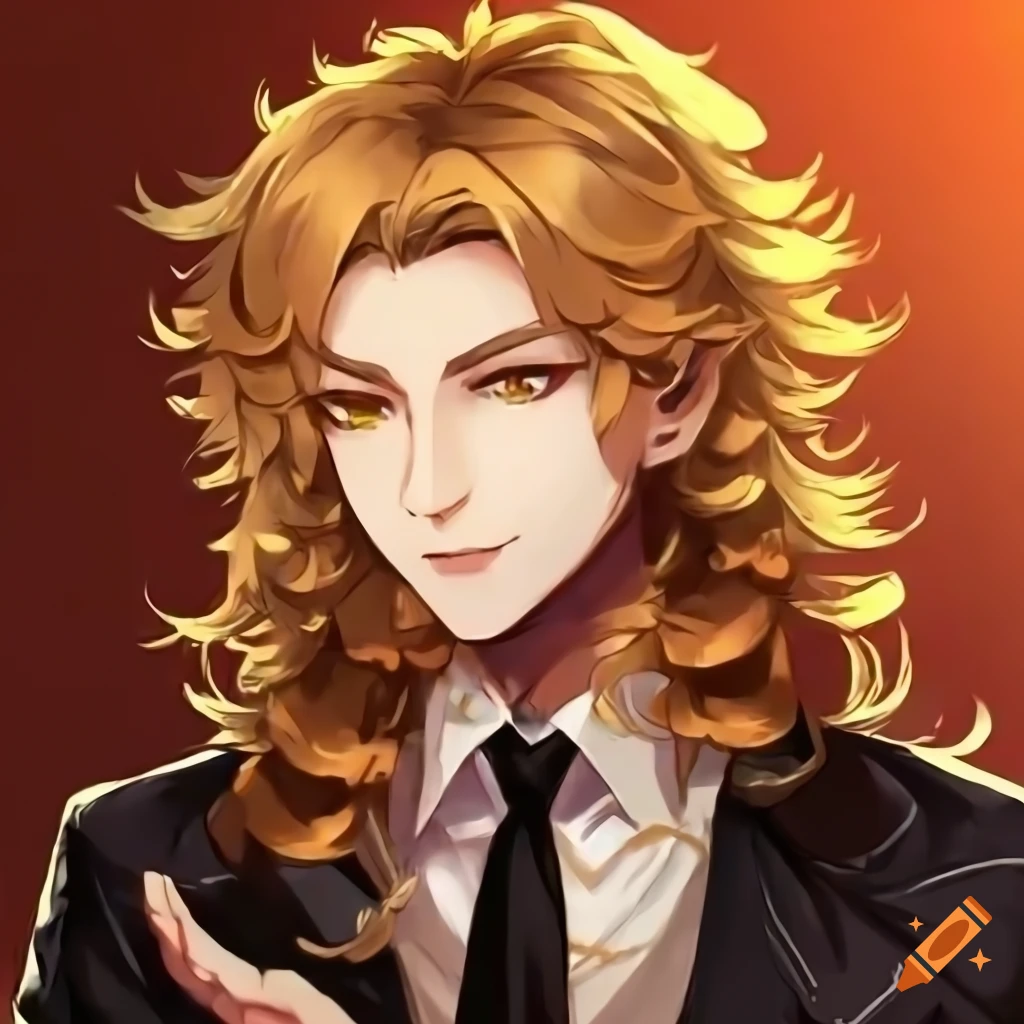 Anime male character with long golden hair and golden brown eyes on Craiyon
