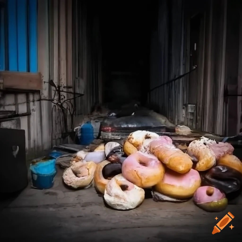 donuts in an alleyway next to a dumpster
