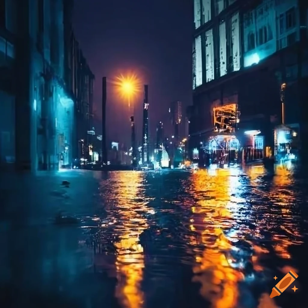 night view of city streets after rain