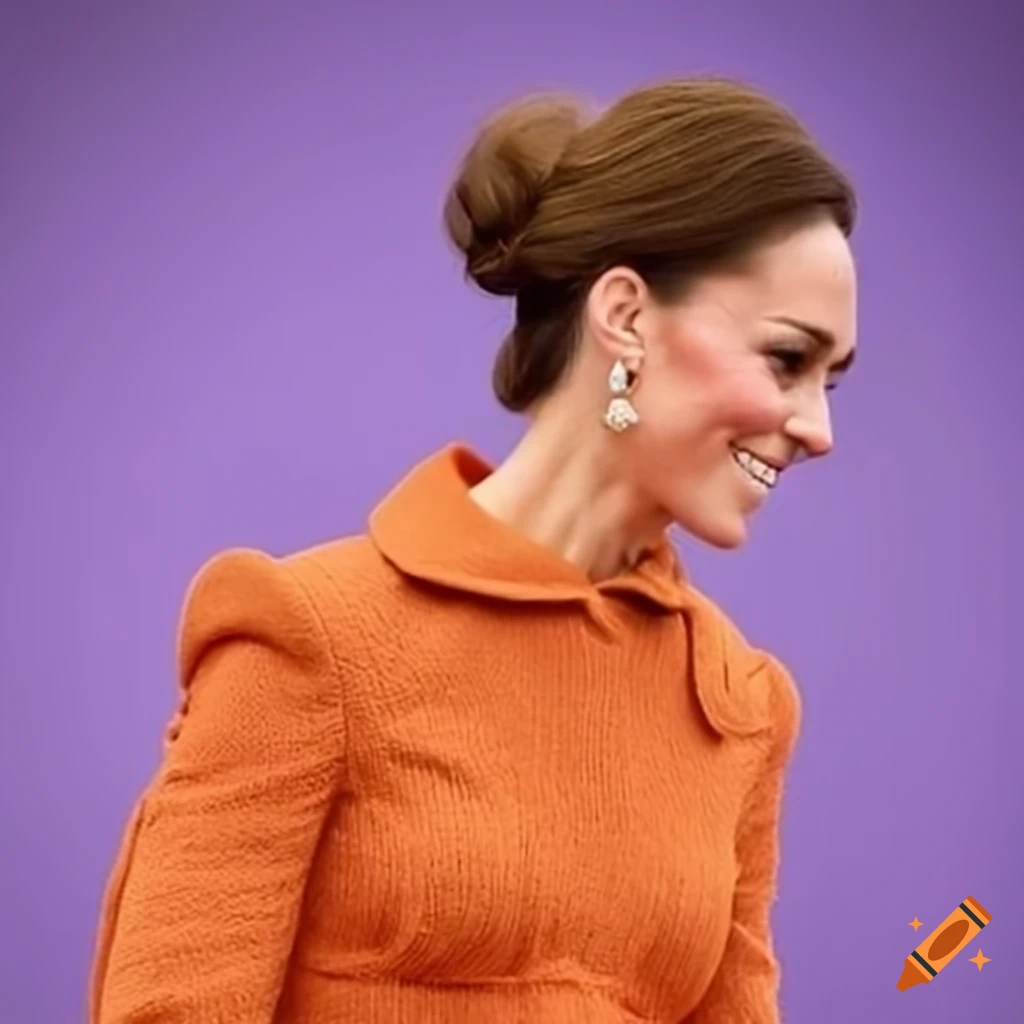 Kate Middleton with a bun hairstyle and wearing an orange blouse
