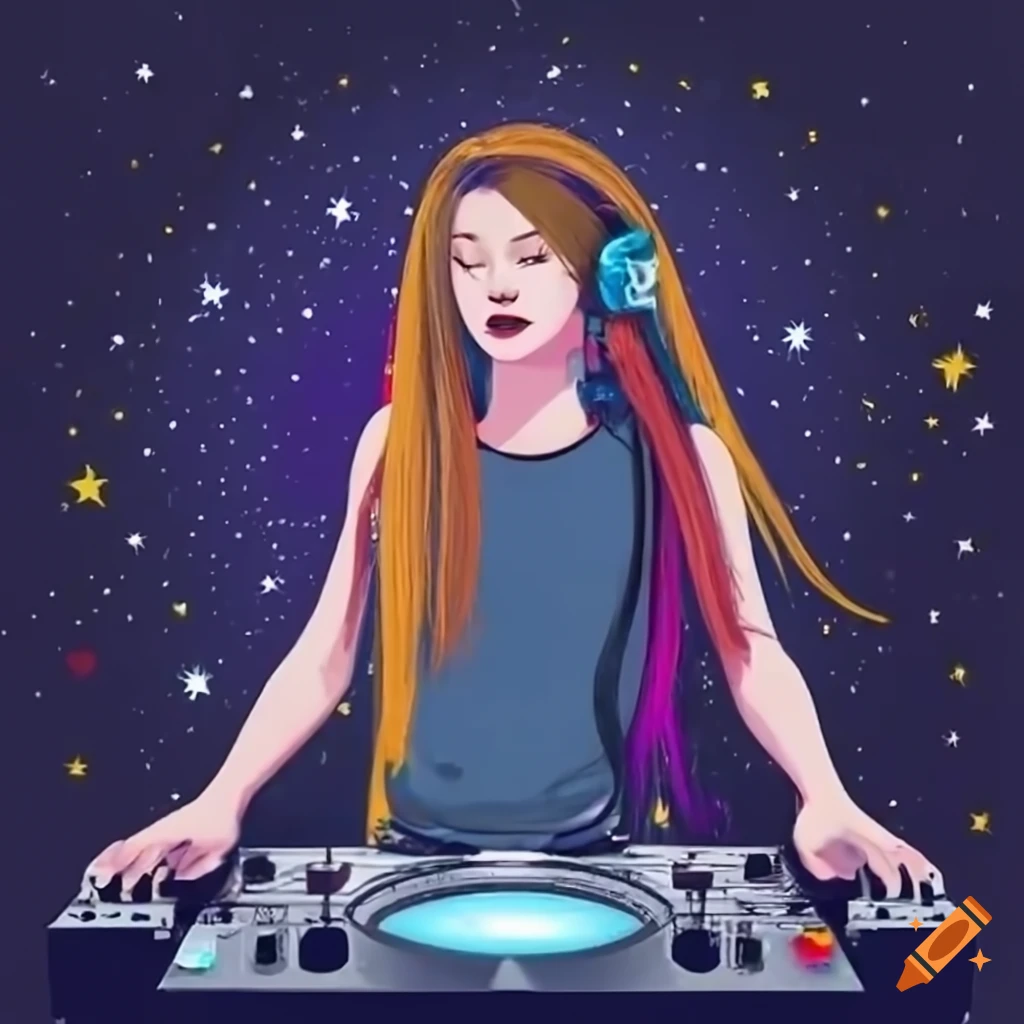 woman DJ playing under a starry sky