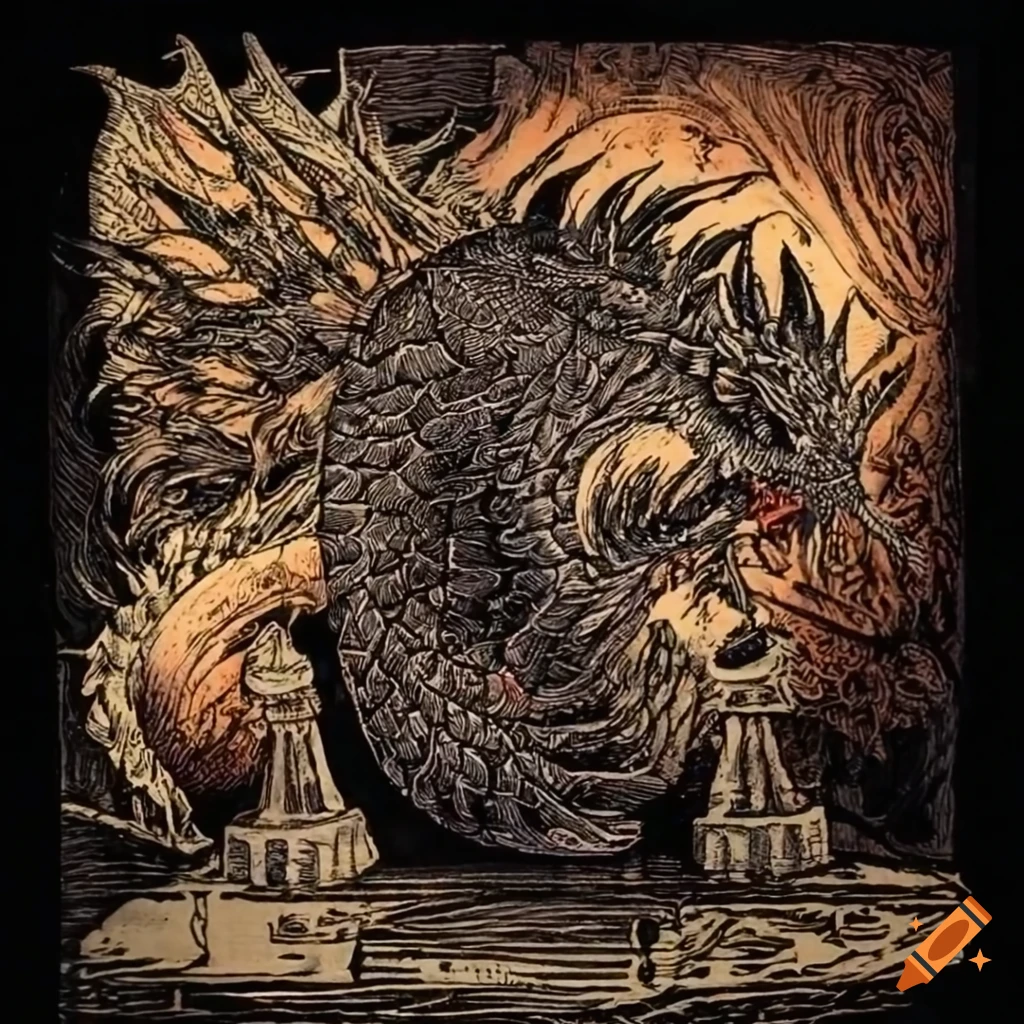 Woodcut artwork of dragon and rook battling on chessboard