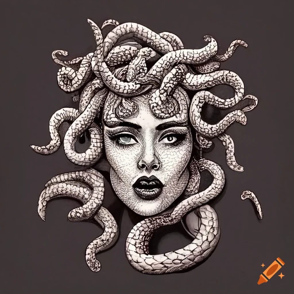 Pen drawing of a medusa with snake hair